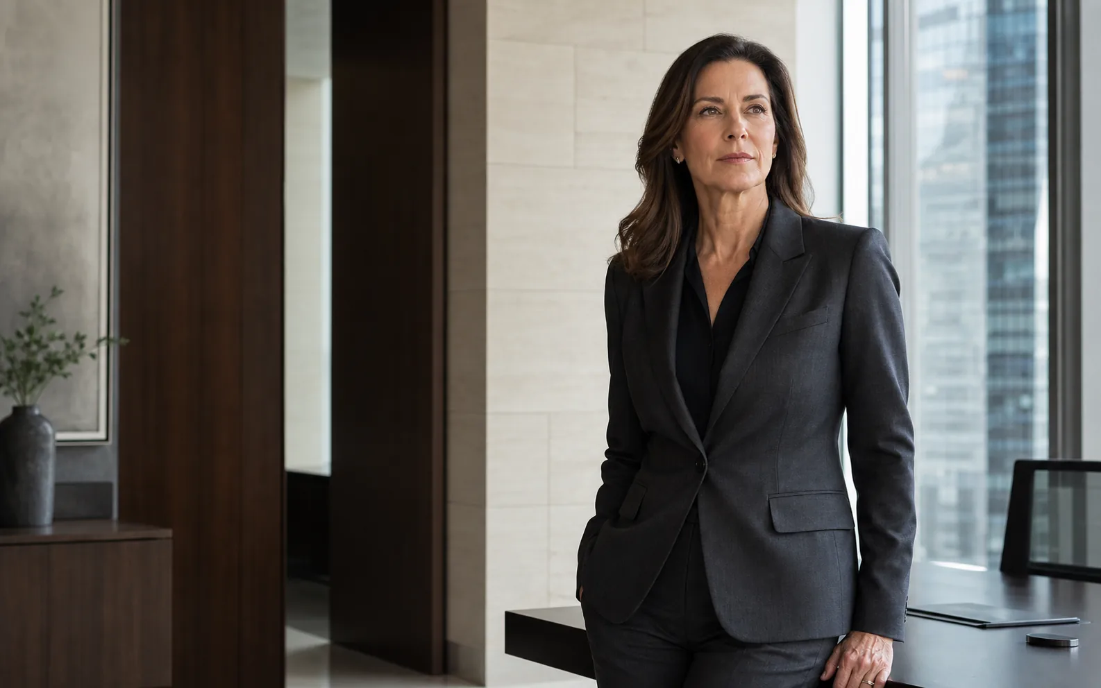 Fictional senior business-litigation attorney in a contemporary office