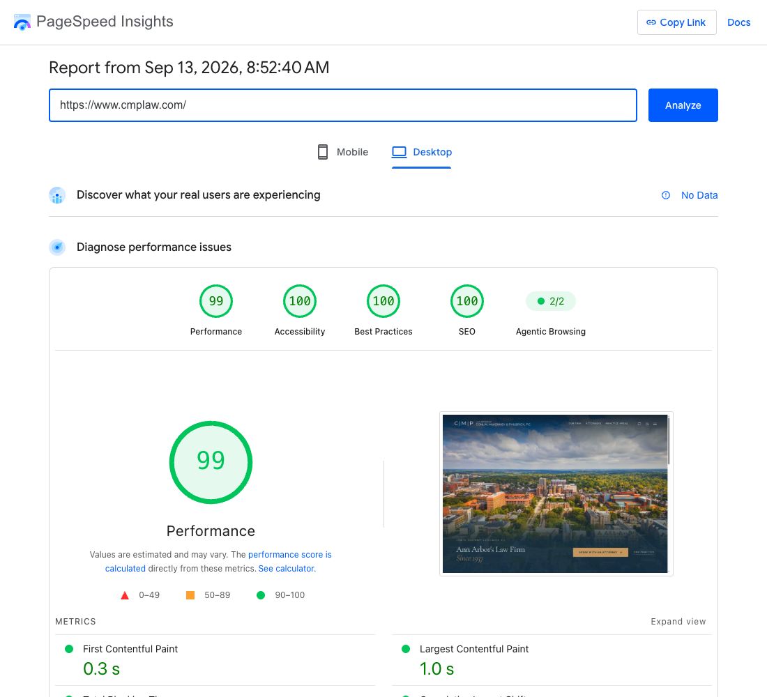 Google PageSpeed Insights desktop report for cmplaw.com: 99 performance, 100 accessibility, 100 best practices and 100 SEO, September 13, 2026.
