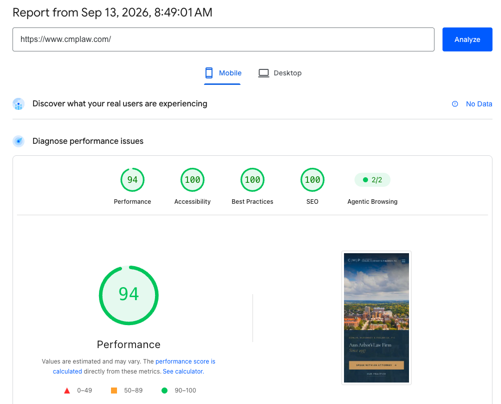 Google PageSpeed Insights mobile report for cmplaw.com: 94 performance, 100 accessibility, 100 best practices and 100 SEO, September 13, 2026.