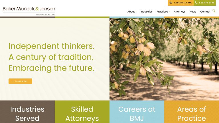 Baker Manock & Jensen law firm website, homepage above the fold, designed by Dan Gilroy Design