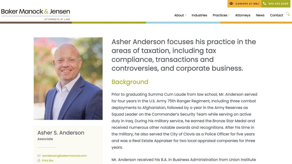 Baker Manock & Jensen law firm website, site design view 3, designed by Dan Gilroy Design