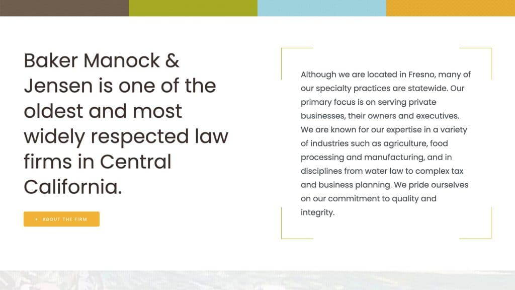 Baker Manock & Jensen law firm website, site design view 2, designed by Dan Gilroy Design
