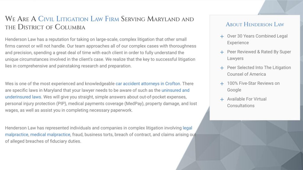 Henderson Law law firm website, site design view 2, designed by Dan Gilroy Design