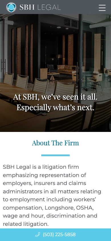 SBH Legal law firm website, mobile homepage above the fold, designed by Dan Gilroy Design