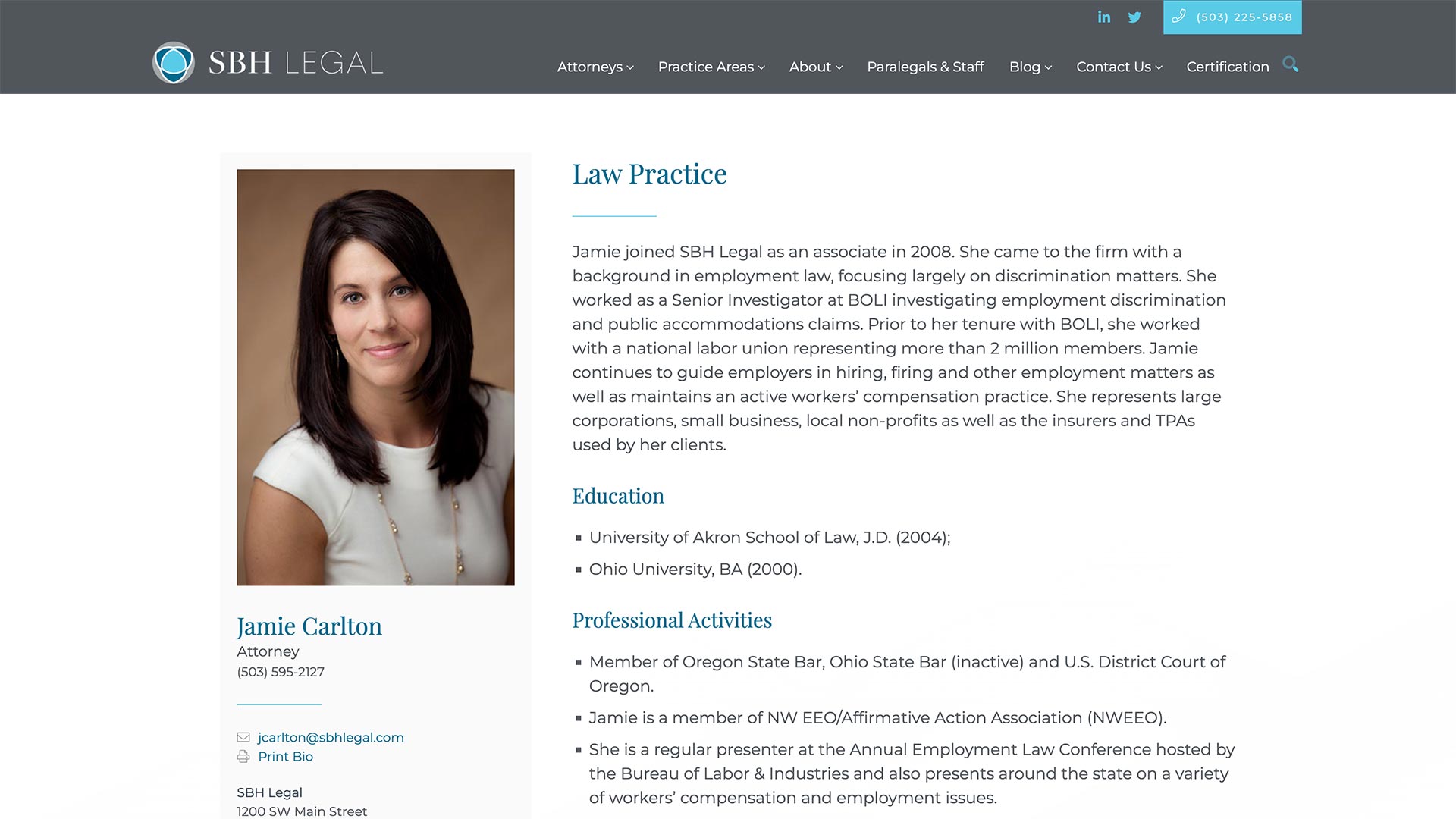 Screenshot of SBH Legal Website