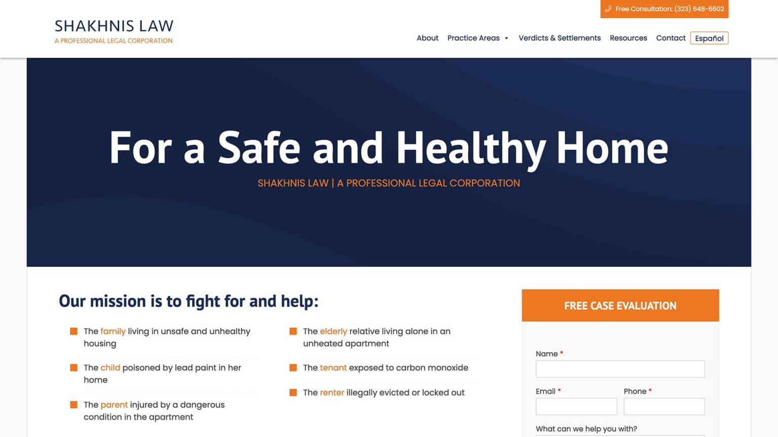 Shakhnis Law law firm website, homepage above the fold, designed by Dan Gilroy Design
