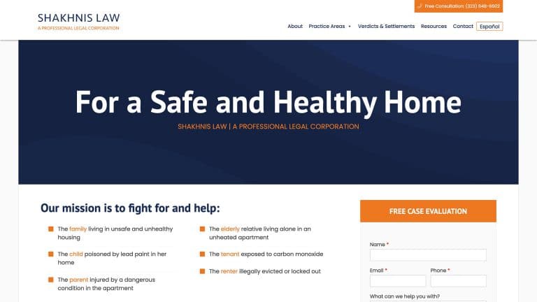 Shakhnis Law law firm website, homepage above the fold, designed by Dan Gilroy Design
