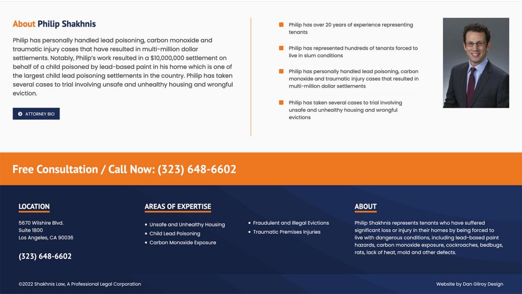 Shakhnis Law law firm website, site design view 3, designed by Dan Gilroy Design