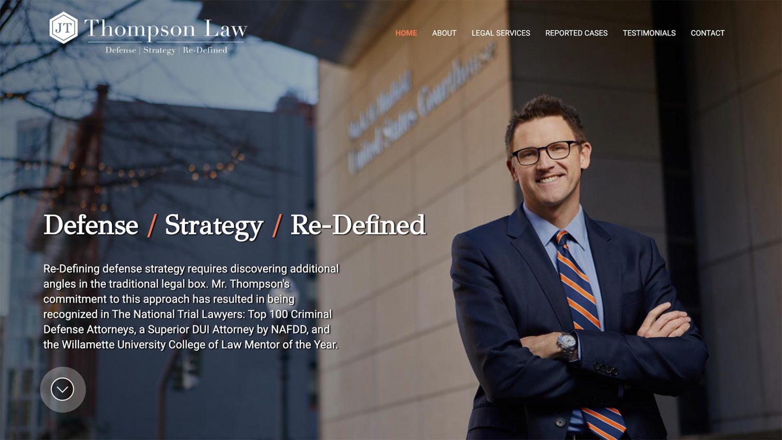 Thompson Law law firm website, homepage above the fold, designed by Dan Gilroy Design