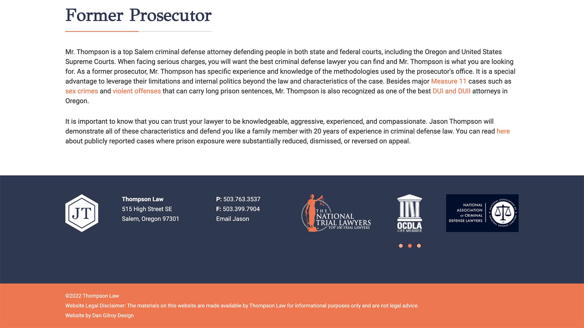 Screenshot of Thompson Law Website