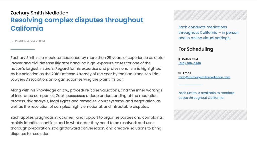 Zachary Smith Mediation mediation practice website, site design view 2, designed by Dan Gilroy Design
