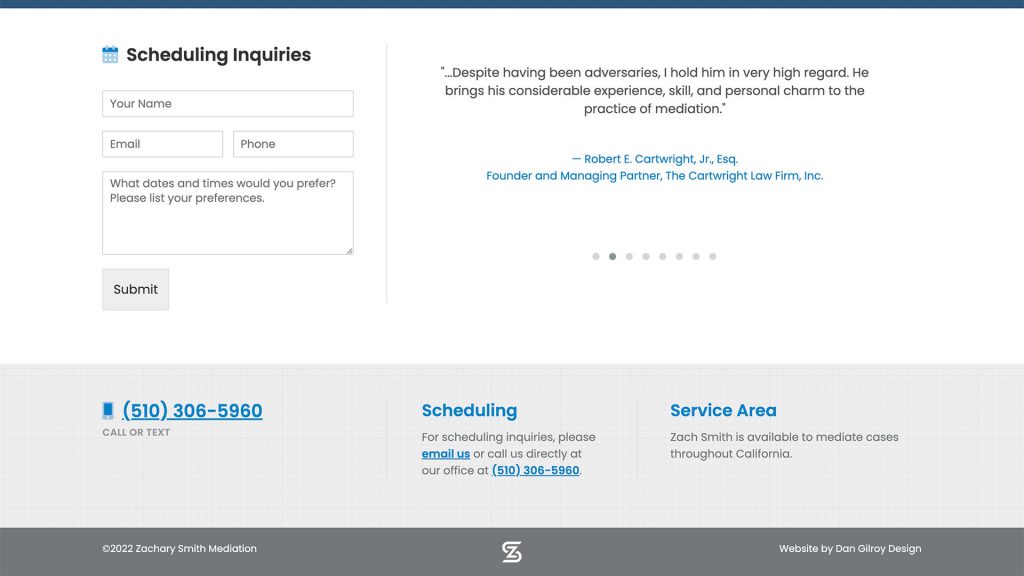 Zachary Smith Mediation mediation practice website, site design view 4, designed by Dan Gilroy Design