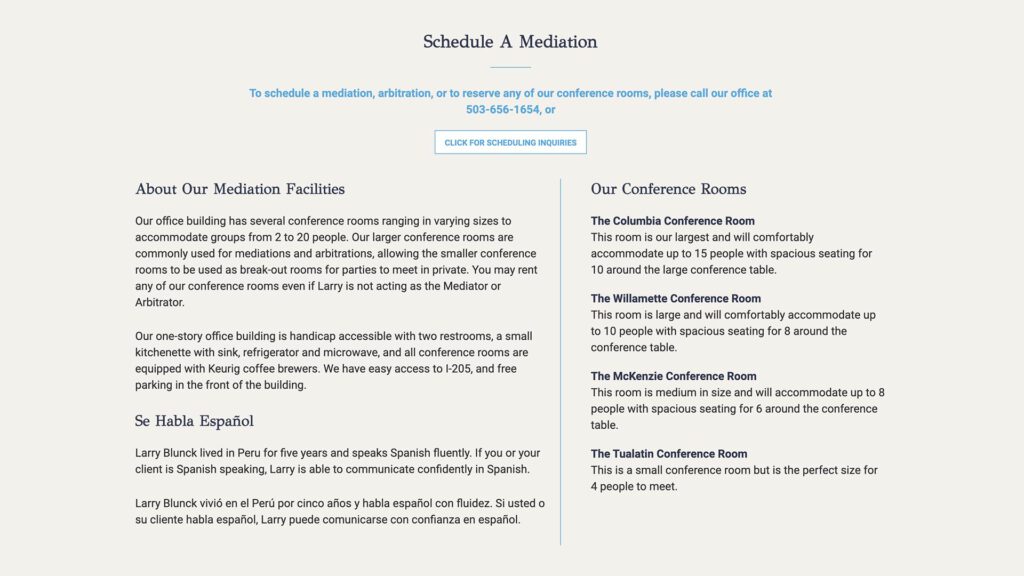 Blunck Law mediation practice website, site design view 2, designed by Dan Gilroy Design