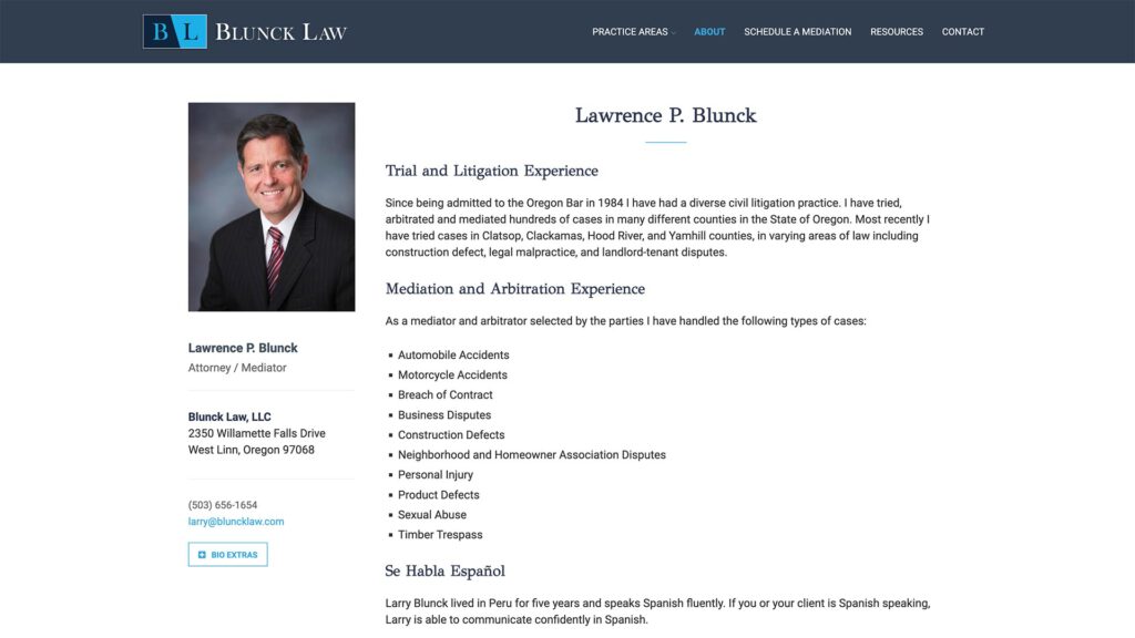 Blunck Law mediation practice website, site design view 3, designed by Dan Gilroy Design