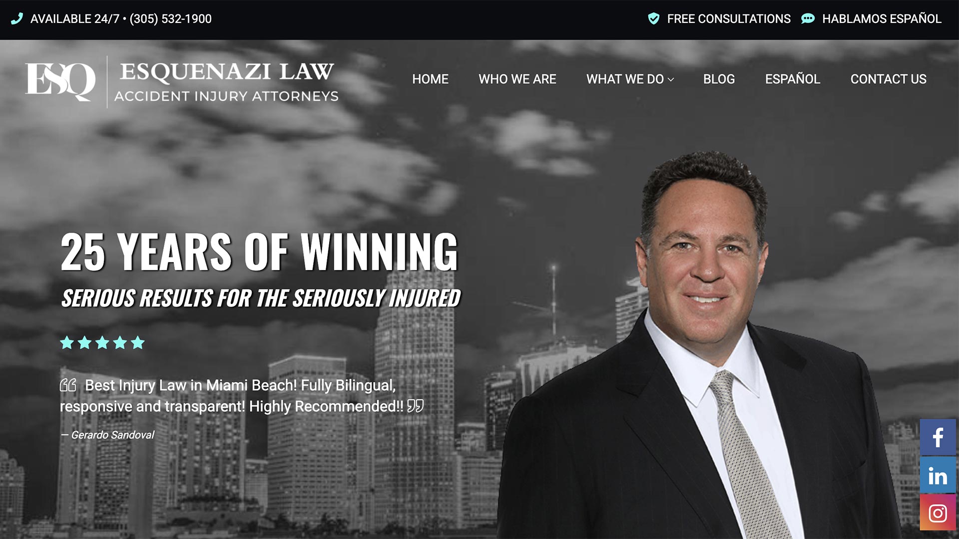 Personal Injury Attorney Website Example: Esquenazi Law
