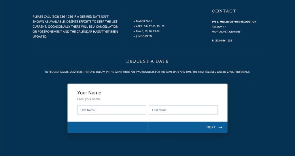 Eve Miller Mediation mediation practice website, site design view 2, designed by Dan Gilroy Design