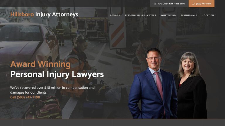Hillsboro Injury Attorneys law firm website, homepage above the fold, designed by Dan Gilroy Design