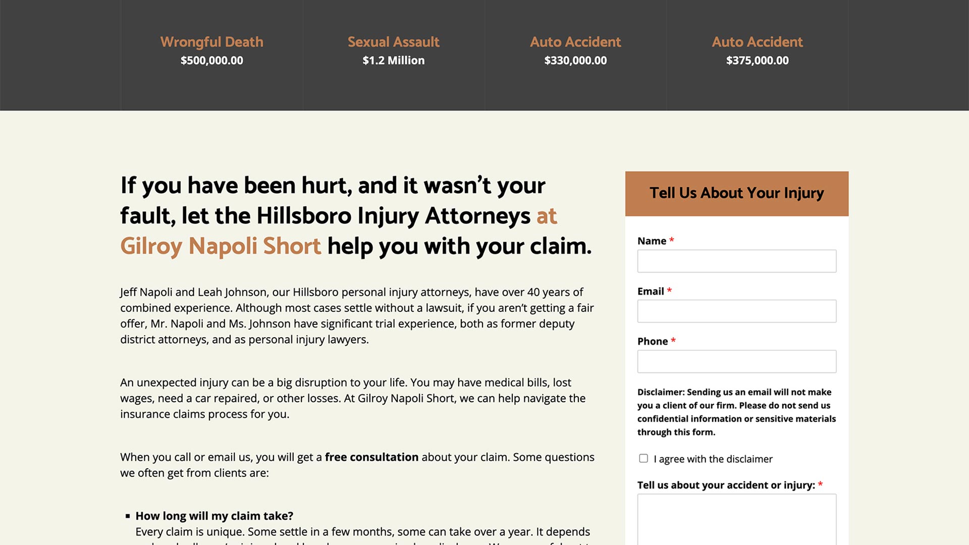 Screenshot of Hillsboro Injury Attorneys Website