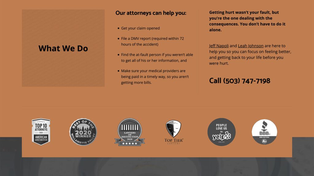 Hillsboro Injury Attorneys law firm website, site design view 3, designed by Dan Gilroy Design