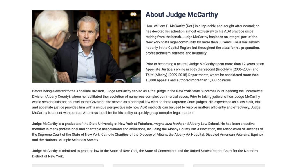 McCarthy ADR Services mediation practice website, site design view 2, designed by Dan Gilroy Design