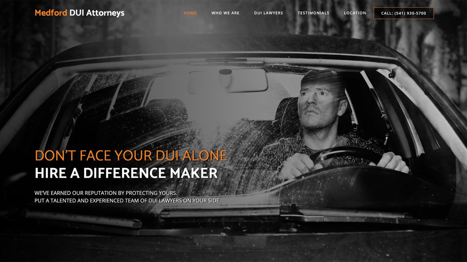 Medford DUI Attorneys law firm website, homepage above the fold, designed by Dan Gilroy Design