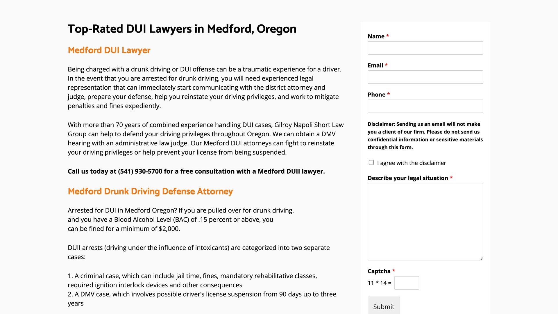 Screenshot of Medord DUI Attorneys Website