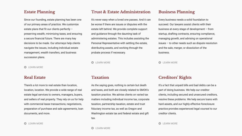 Scarborough McNeese Oelke & Kilkenny, PC law firm website, site design view 3, designed by Dan Gilroy Design