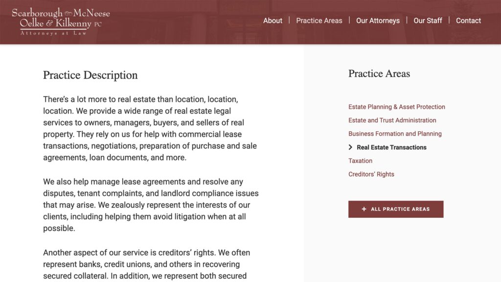 Scarborough McNeese Oelke & Kilkenny, PC law firm website, site design view 4, designed by Dan Gilroy Design