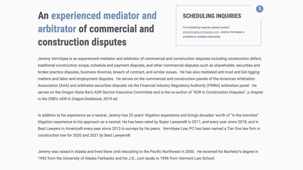 Vermilyea Mediation mediation practice website, site design view 2, designed by Dan Gilroy Design