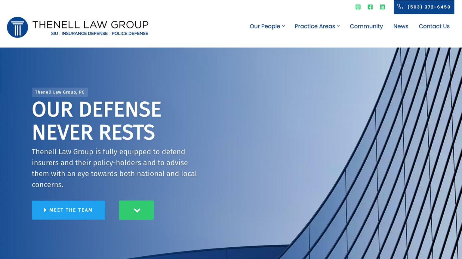 Thenell Law Group law firm website, homepage above the fold, designed by Dan Gilroy Design
