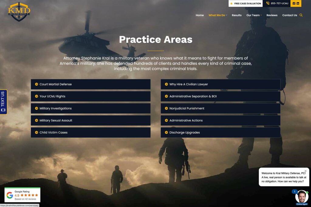Kral Military Defense law firm website, site design view 3, designed by Dan Gilroy Design