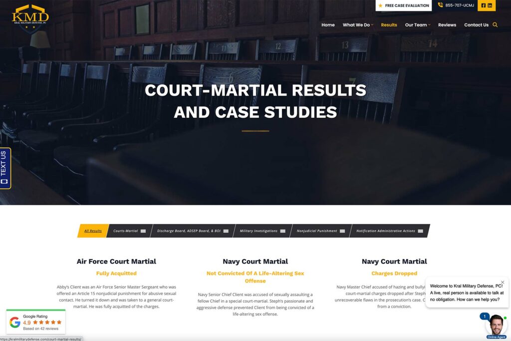Kral Military Defense law firm website, site design view 4, designed by Dan Gilroy Design