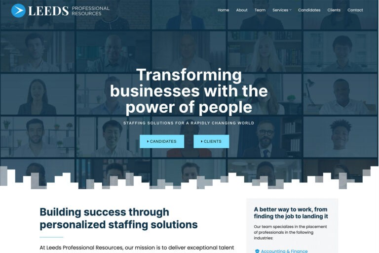 Leeds Professional Resources professional recruiting website, homepage above the fold, designed by Dan Gilroy Design