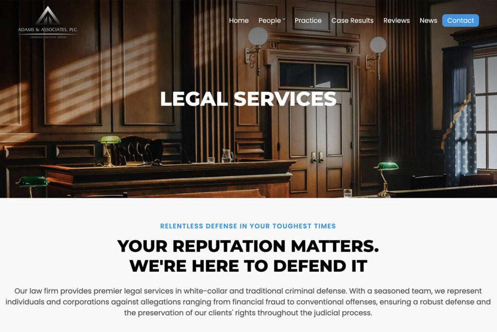 Adams & Associates law firm website, practice areas directory, designed by Dan Gilroy Design