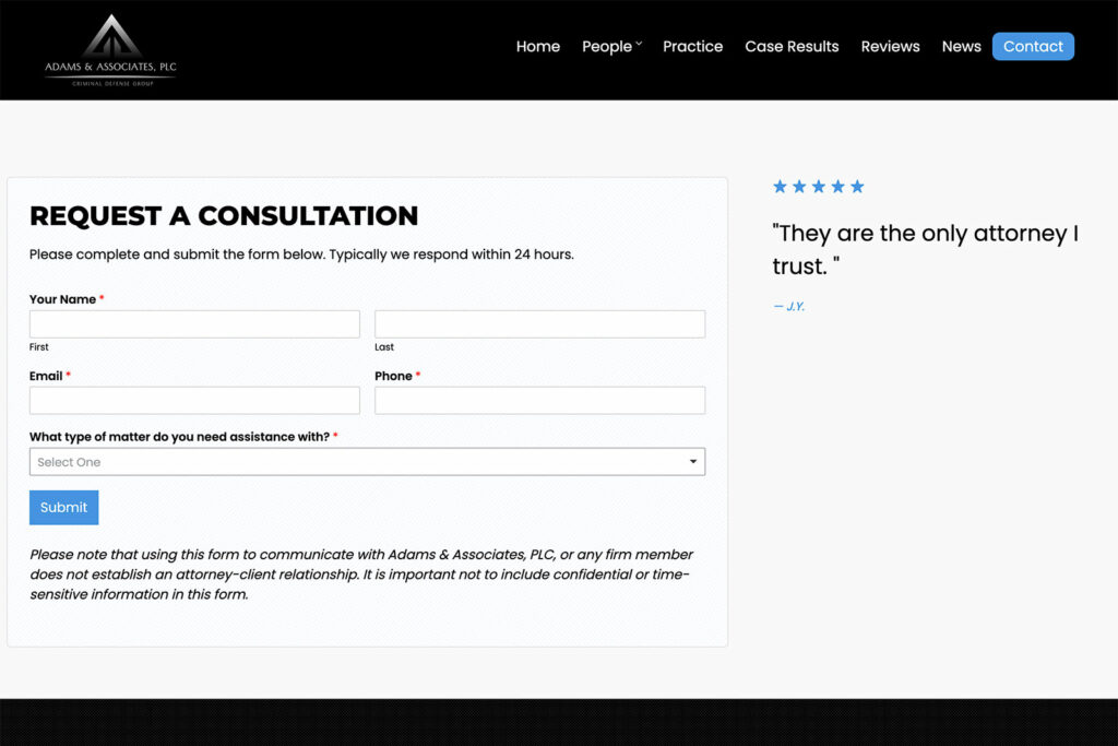 Adams & Associates law firm website, contact form, designed by Dan Gilroy Design