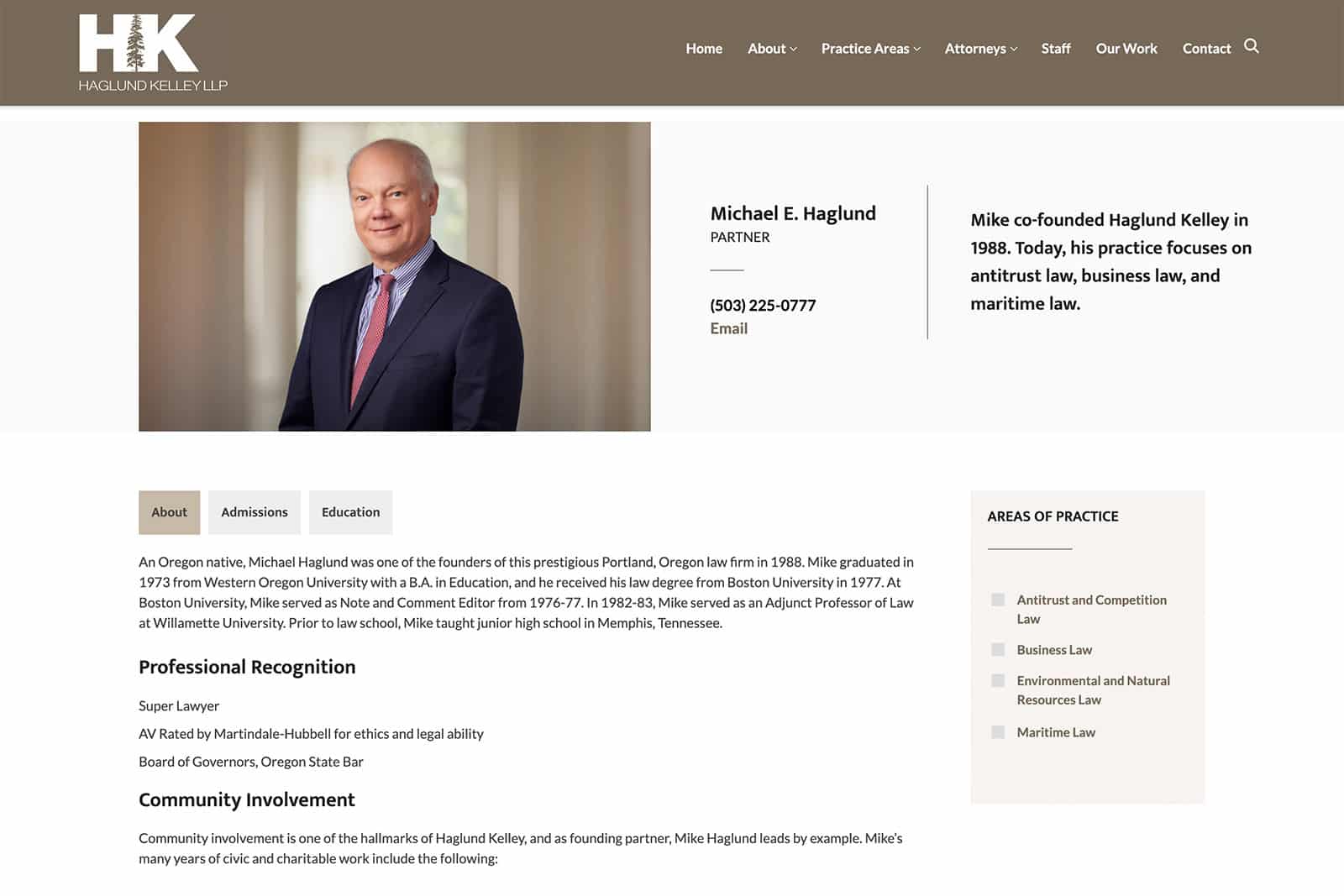 Screenshot of Haglund Kelley LLP - Law Firm Website Design Example - Attorney Bio Page