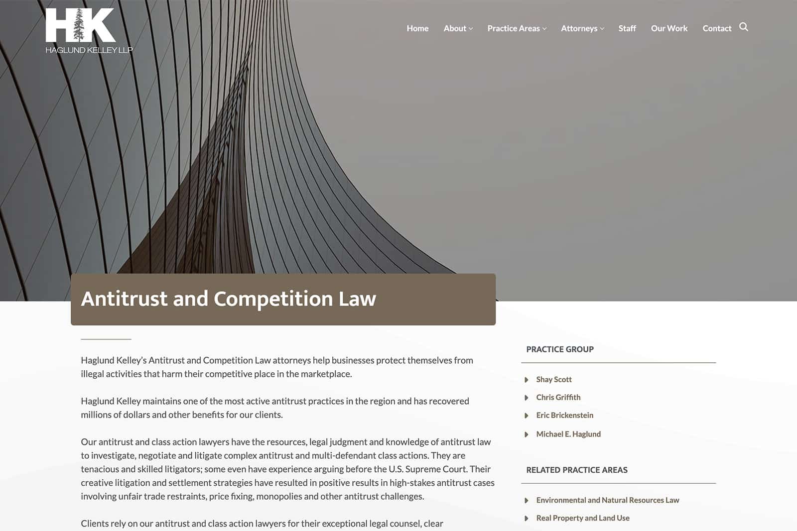 Screenshot of Haglund Kelley LLP - Example of Law Firm Web Design - Practice Area Page