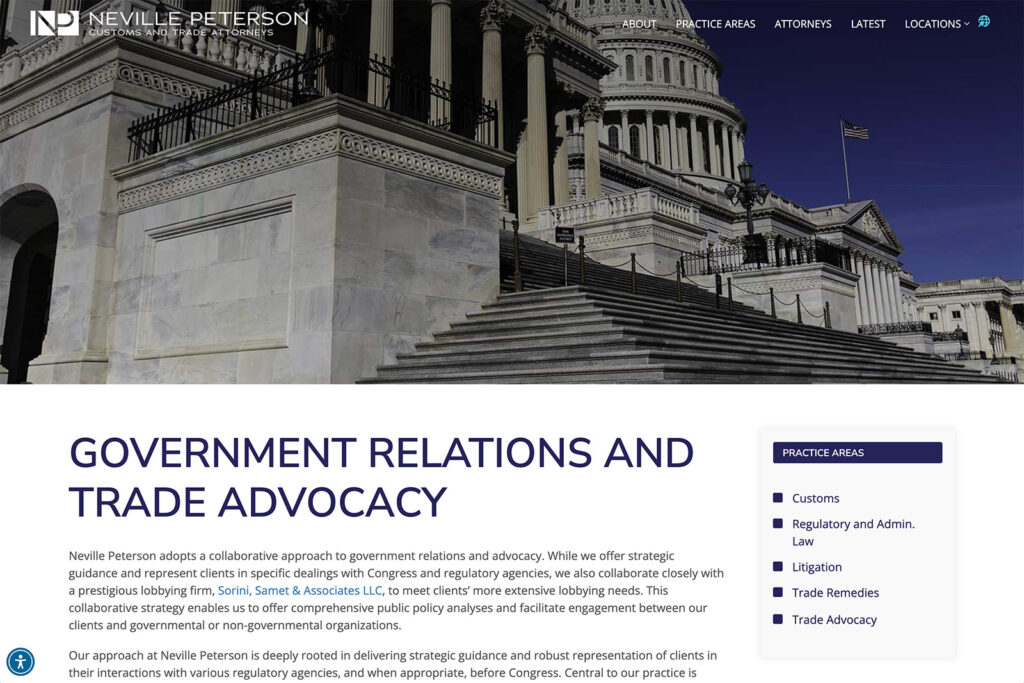 Neville Peterson law firm website, practice area page, designed by Dan Gilroy Design