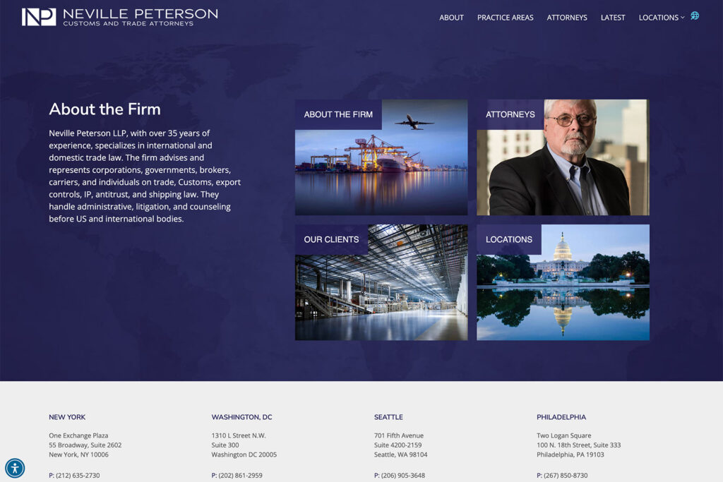 Neville Peterson law firm website, about page, designed by Dan Gilroy Design