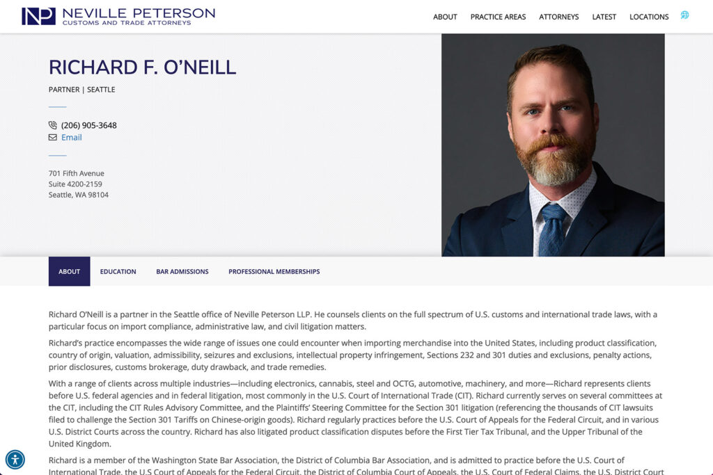 Neville Peterson law firm website, attorney bio page, designed by Dan Gilroy Design