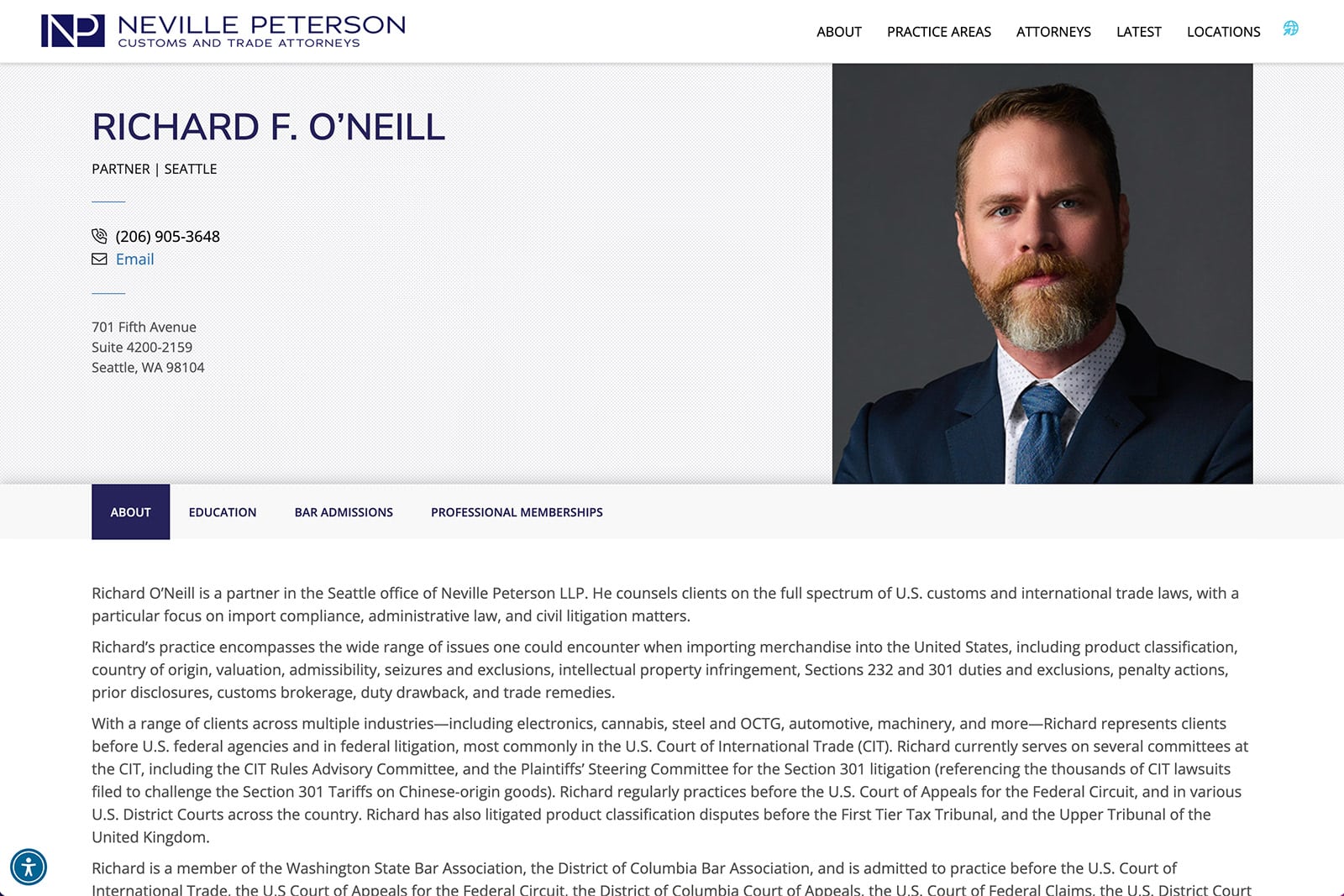 Screenshot of Neville Peterson Attorney Firm Website Design - Attorney Bio Page