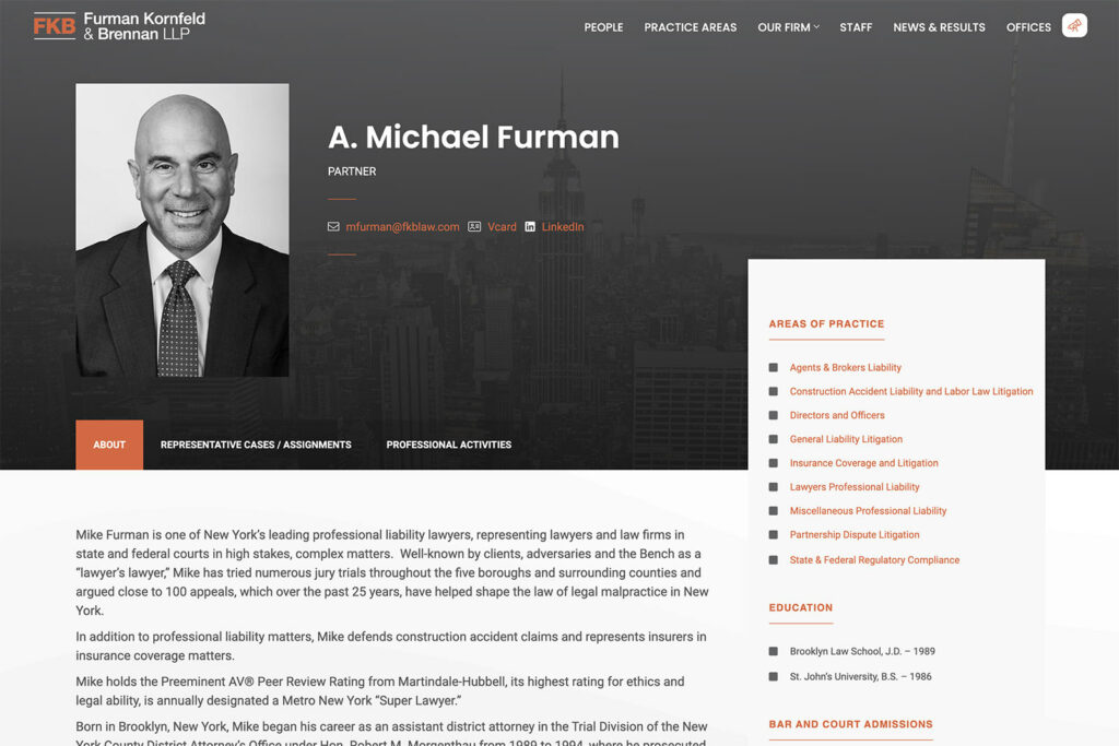 Furman Kornfeld & Brennan law firm website, bio page, designed by Dan Gilroy Design