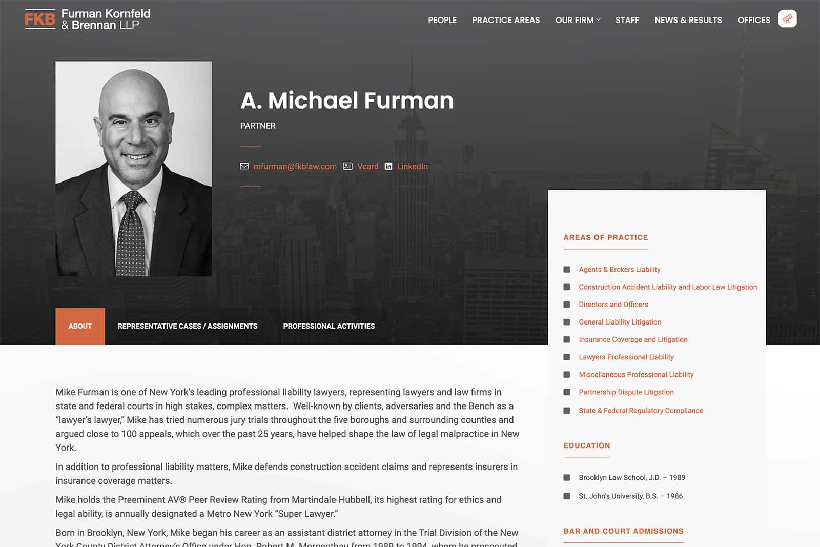 Screenshot of Furman Kornfeld & Brennan Website - Example of New York City Law Firm Website Design - Bio Page