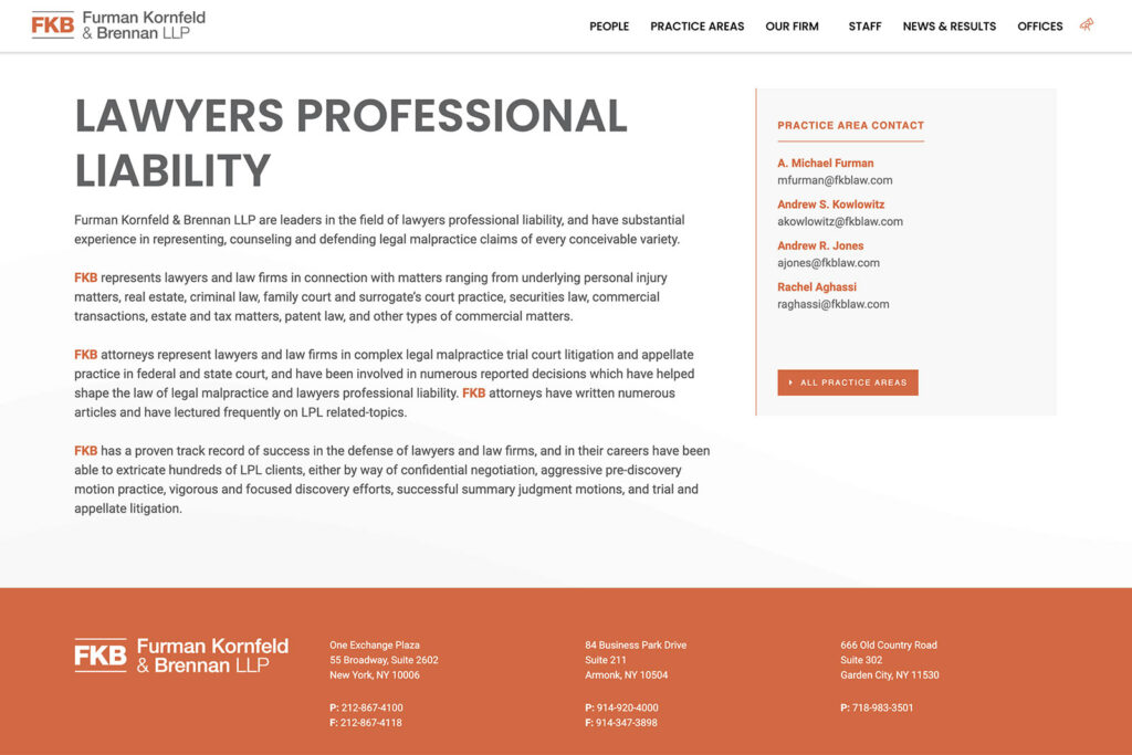 Furman Kornfeld & Brennan law firm website, practice area page, designed by Dan Gilroy Design