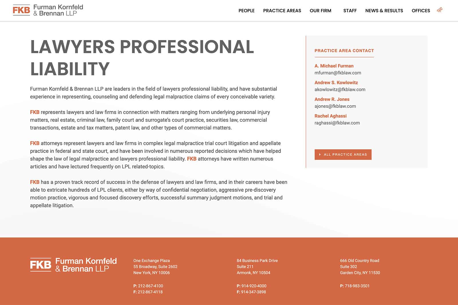 Screenshot of Furman Kornfeld & Brennan Website - Example of New York, NY Law Firm Website Design - Practice Area Page