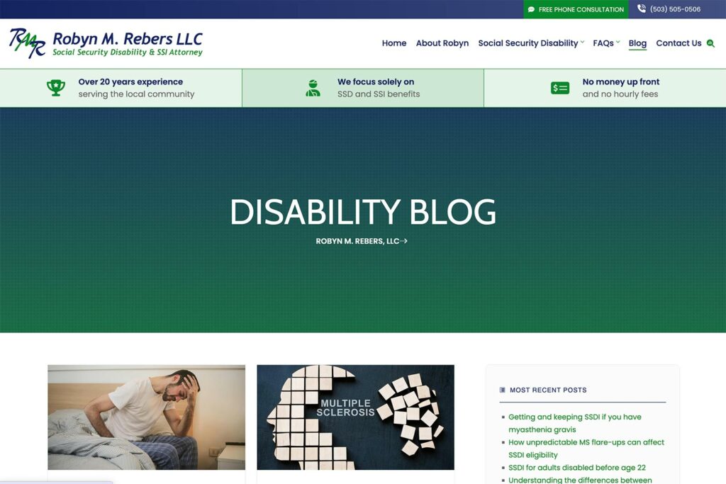 Social Security Disability Website Design law firm website, design example of a law firm blog page, designed by Dan Gilroy Design