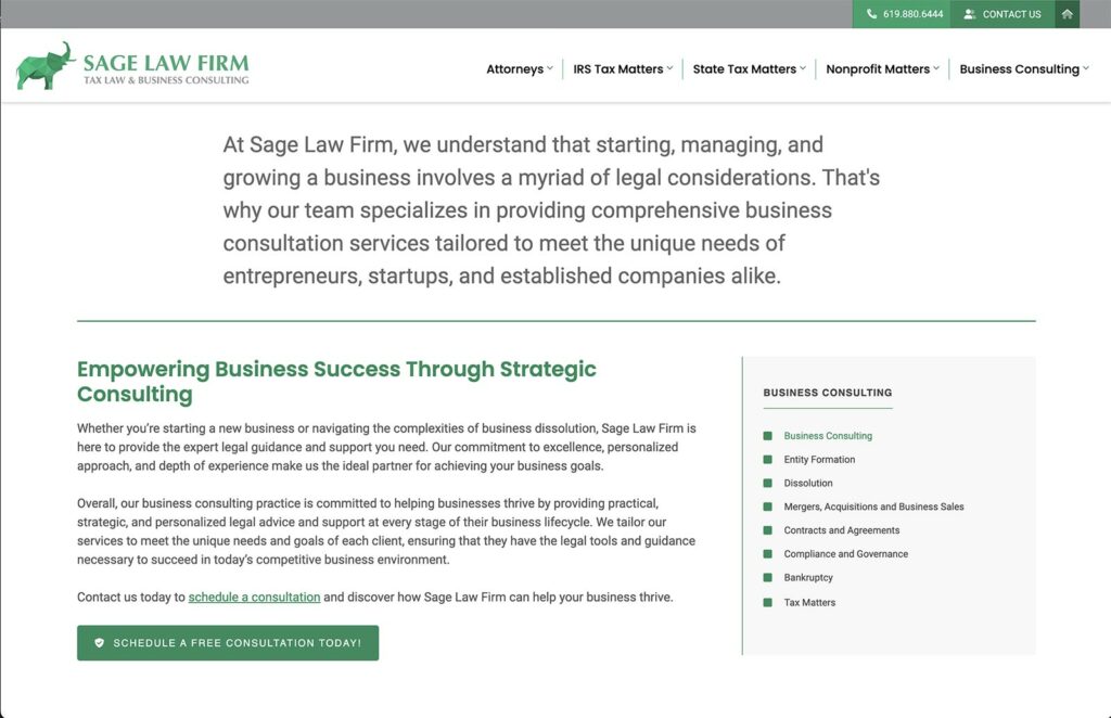 Sage Law Firm law firm website, practice area page, designed by Dan Gilroy Design