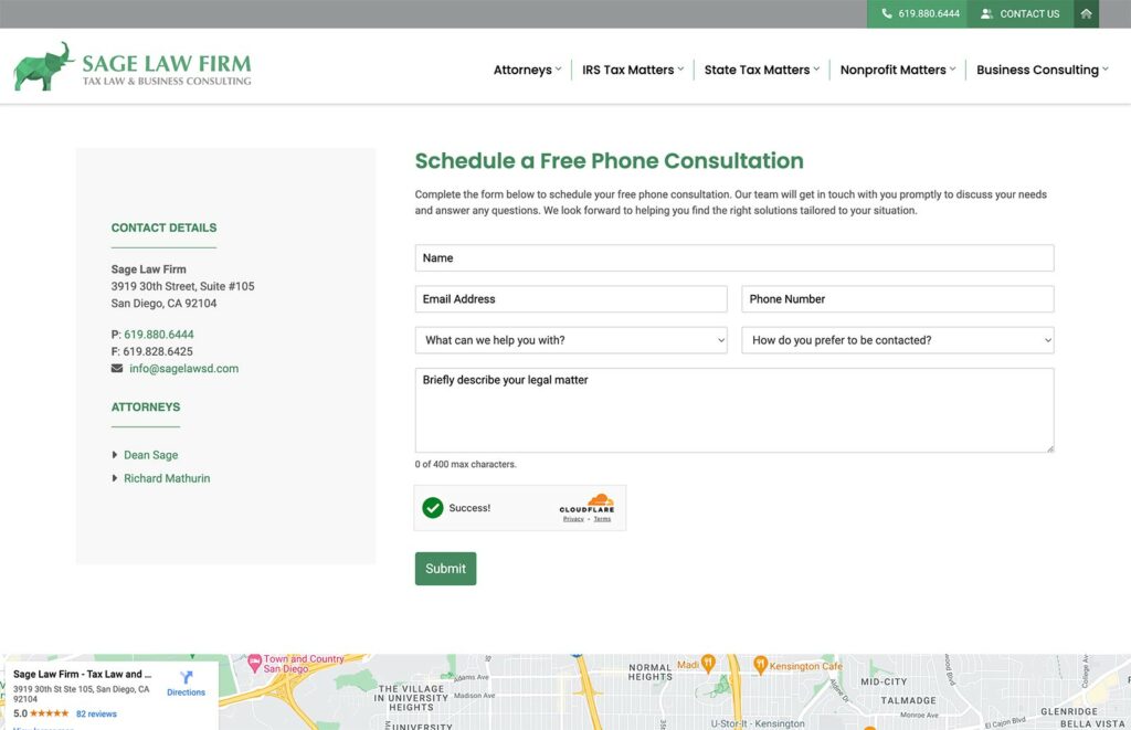 Sage Law Firm law firm website, contact page, designed by Dan Gilroy Design
