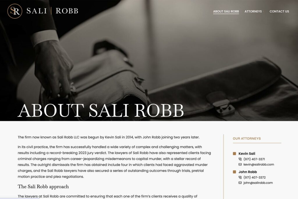 Sali Robb law firm website, about the firm page example, designed by Dan Gilroy Design