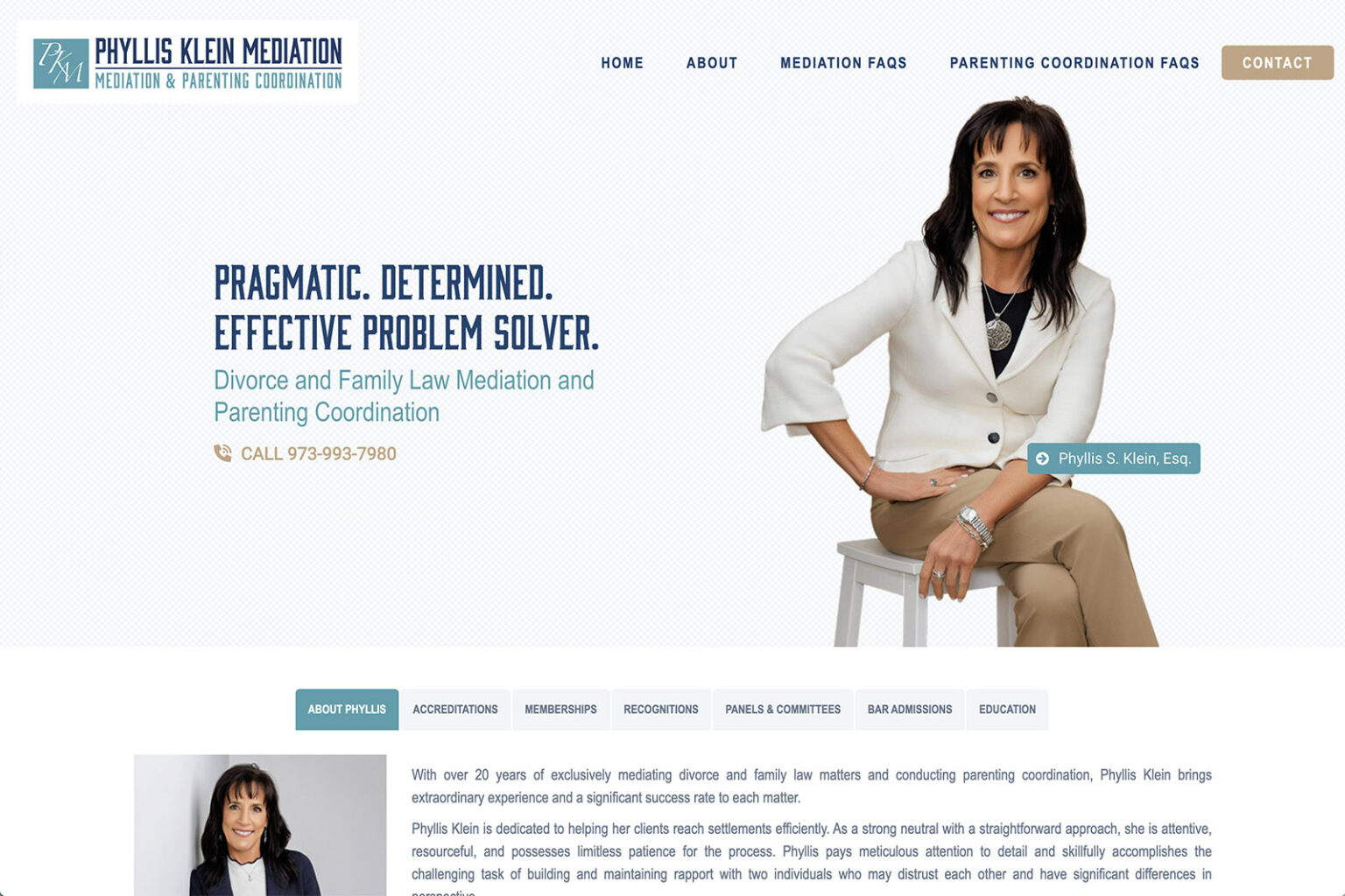 Phyllis Klein Mediation mediation practice website, homepage above the fold, designed by Dan Gilroy Design